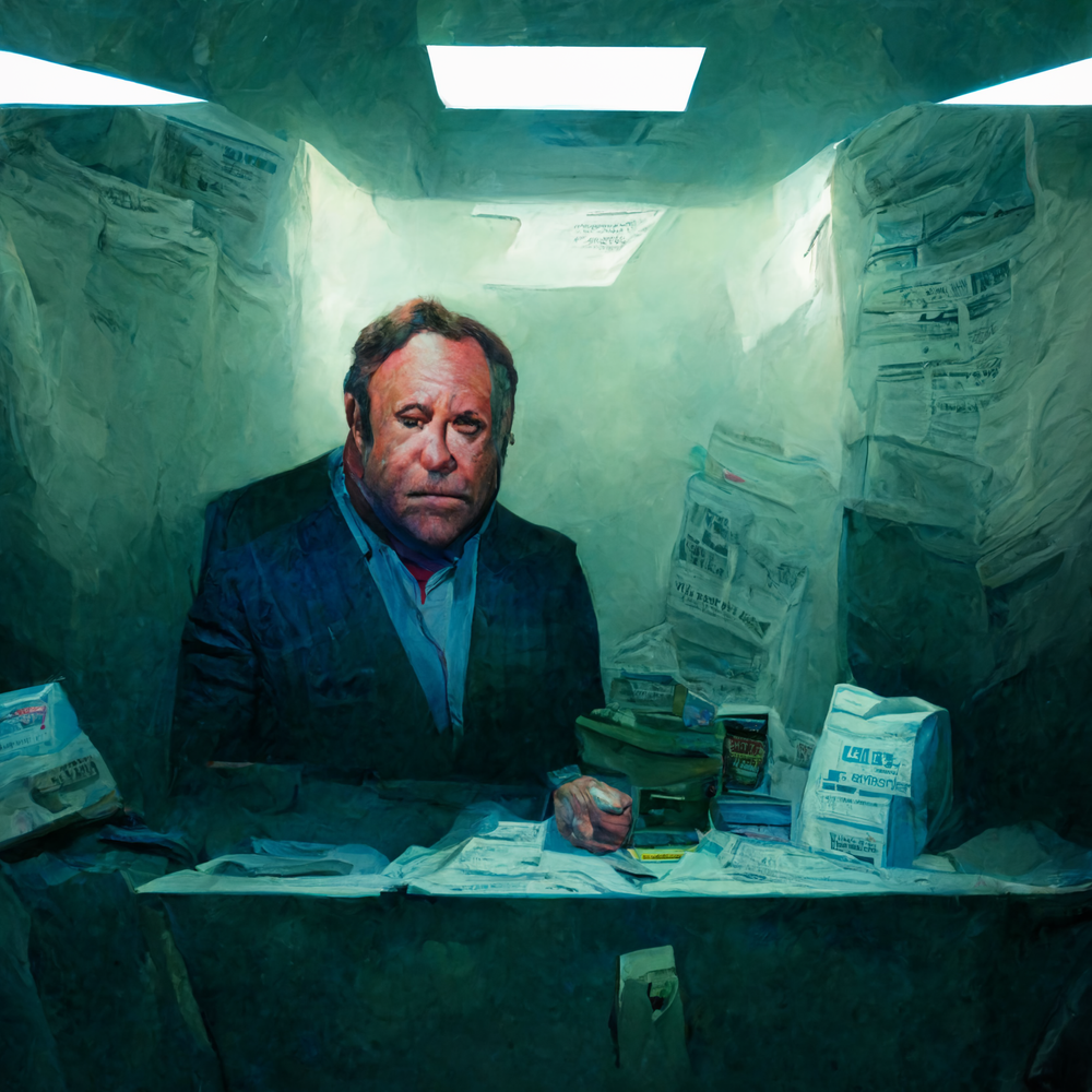 A Midjourney-generated image of InfoWars host Alex Jones sitting alone at a desk, surrounded by newspapers.