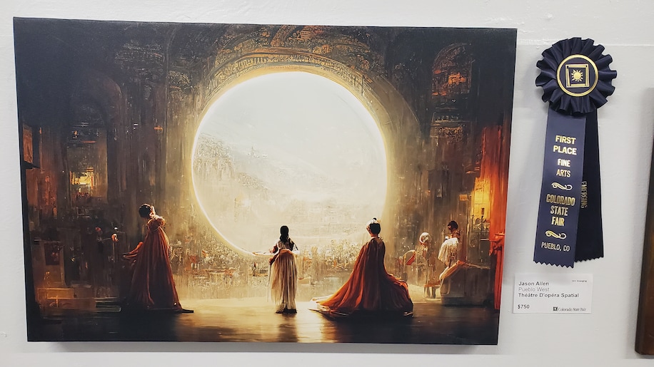 A digital art image of three foreground characters looking towards a giant open window, with what appears to be an audience in between them. The colors are primarily gold, brown, and red.