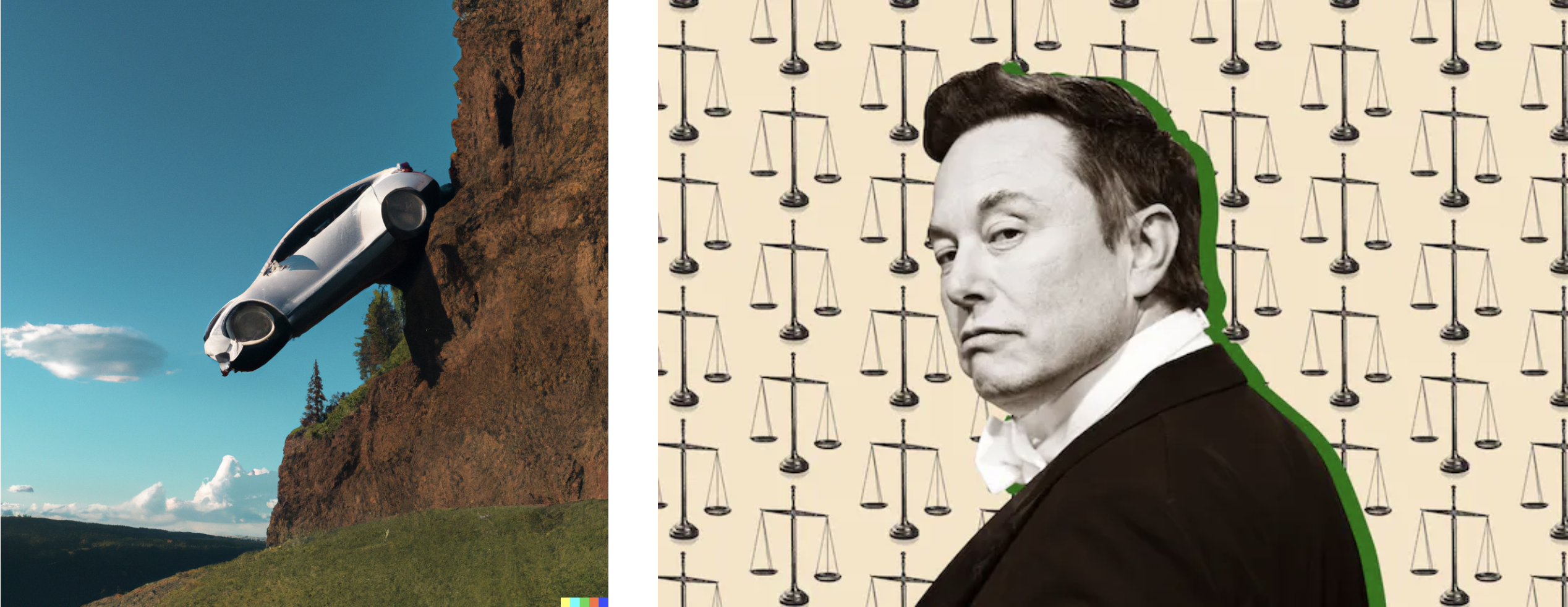 A comparison between two images. The image on the left is a faux-realstic depicition of a Tesla
     driving off a cliff. The image on the right is digital art of an image of Elon Musk
     superimposed over a wallpaper-like patterned background of old-fashinged scales.